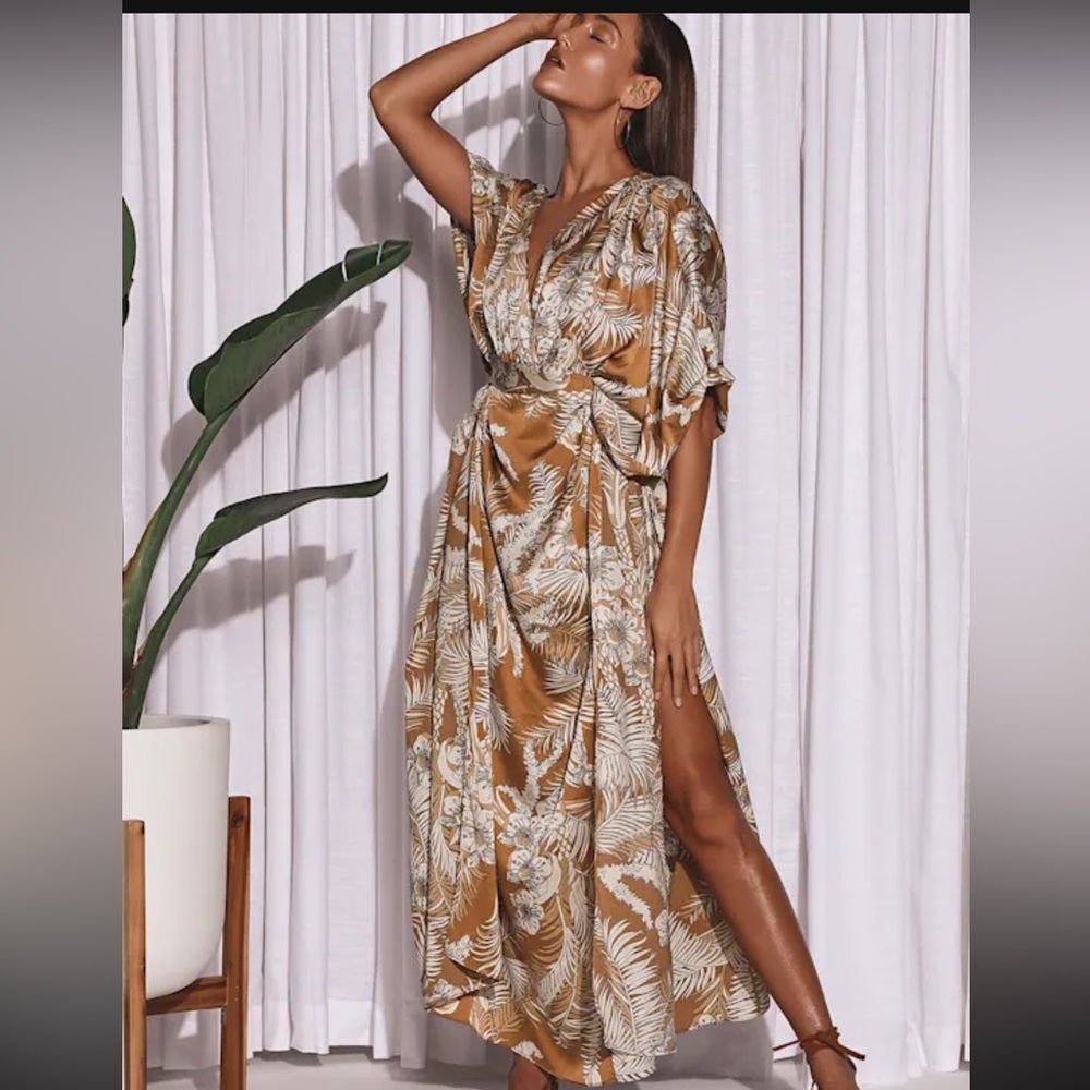 Lulus take a holiday tan tropical print maxi dress